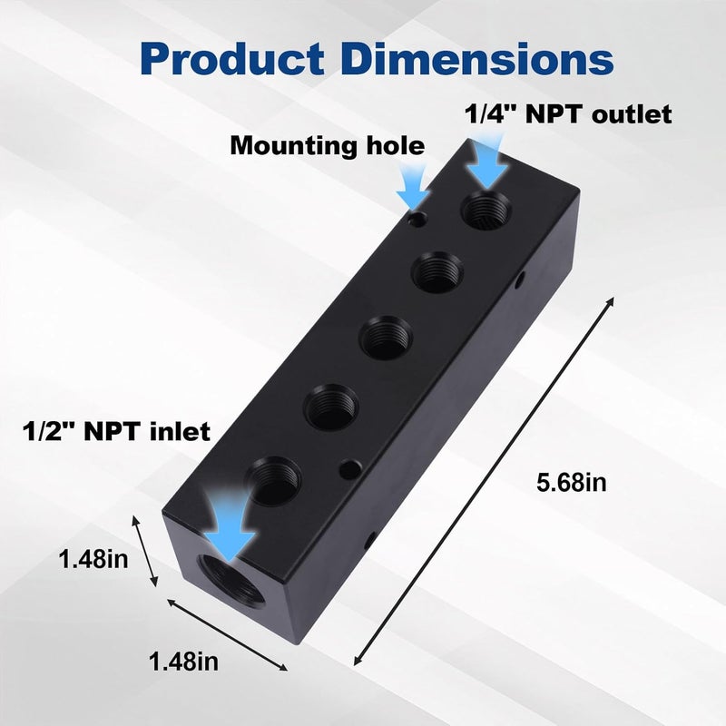 MARSTEK Air Manifold, Air Compressor Manifold, Aluminum Air Hose Inline Manifold Block Splitter, Pneumatic Manifold Air Distribution Block, NPT 1/2 Inch Supply Port, NPT 1/4 Inch Output Port (5 Way 7 Port) - Image 4